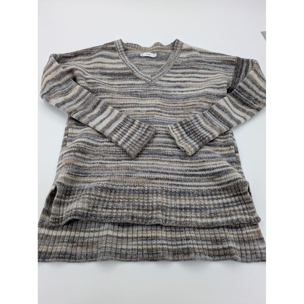 Vince Sweater Women's Size Medium Gray Brown Striped V-Neck Knit Wool Silk Blend - Picture 1 of 7